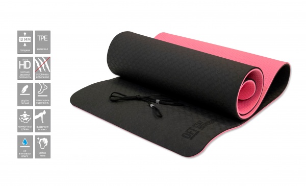Коврик для йоги 10 мм двухслойный TPE черно-розовый FT-YGM10-TPE-BPNK