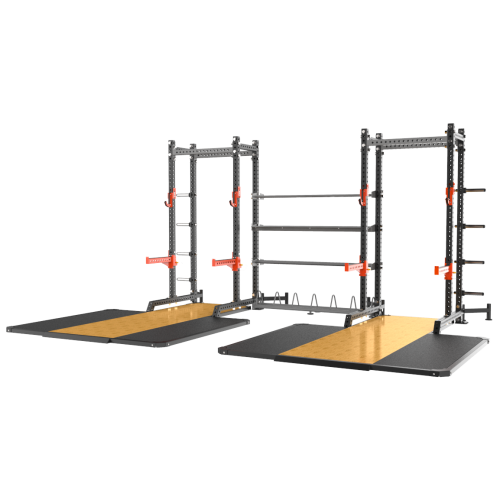 Две силовые полурамы MS01 с опцией-стойкой для хранения дисков MS00 и помостами SE5031/MS31 соединенные между собой модулями для хранения