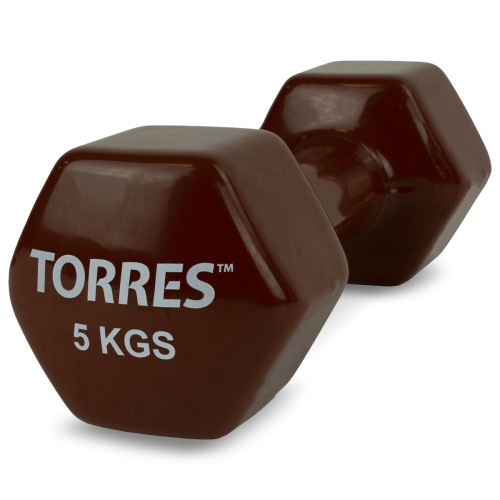 Гантель TORRES 5кг, PL522207, металл в виниловой оболочке, форма шестигранник, коричневый