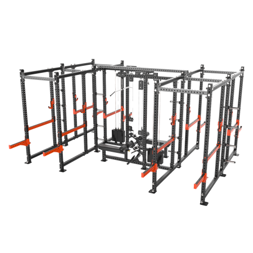 Четыре силовые рамы MS02 с опцией-стойкой для хранения дисков MS00 соединенные между собой перекладиной