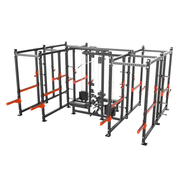 Четыре силовые рамы MS02 с опцией-стойкой для хранения дисков MS00 соединенные между собой перекладиной