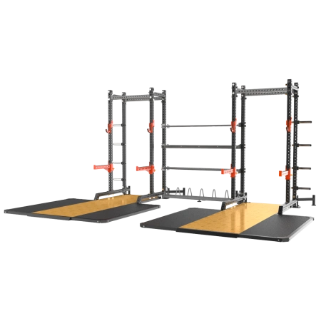 Две силовые полурамы MS01 с опцией-стойкой для хранения дисков MS00 и помостами SE5031/MS31 соединенные между собой модулями для хранения