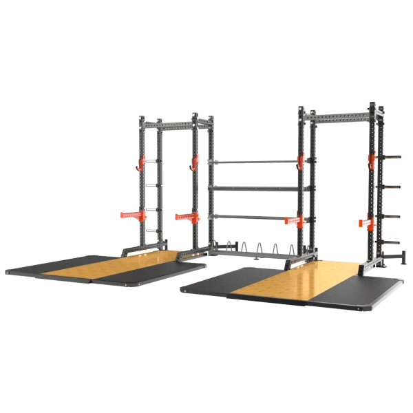Две силовые полурамы MS01 с опцией-стойкой для хранения дисков MS00 и помостами SE5031/MS31 соединенные между собой модулями для хранения
