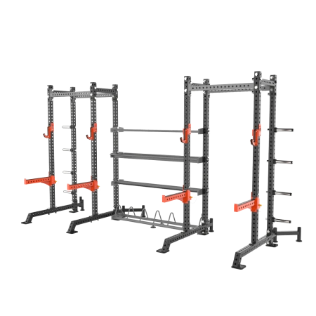 Две силовые полурамы MS01 с опцией-стойкой для хранения дисков MS00 соединенные между собой модулями для хранения