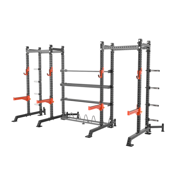 Две силовые полурамы MS01 с опцией-стойкой для хранения дисков MS00 соединенные между собой модулями для хранения