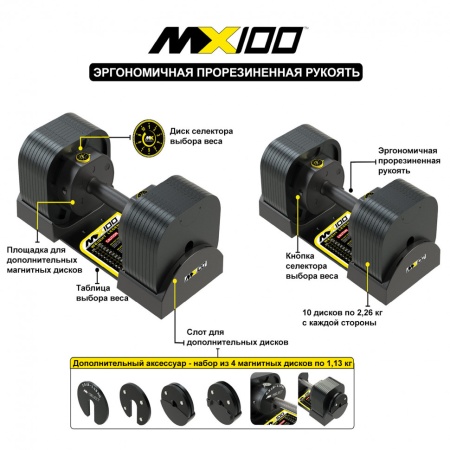 Гантели регулируемые MX Select MX100 EVO, эргономичная прорезиненная рукоять, вес 5.9-45.4 кг, 2 шт
