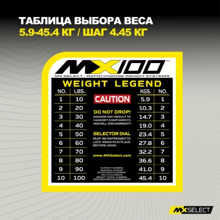 Гантели регулируемые MX Select MX100 EVO, рифленая стальная рукоять, вес 5.9-45.4 кг, 2 шт