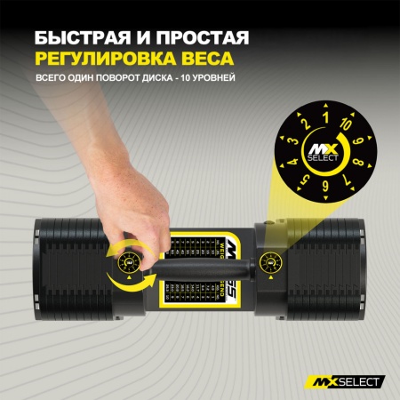 Гантели регулируемые MX Select MX55 EVO, эргономичная прорезиненная рукоять, вес 4.9-25.3 кг, 2 шт