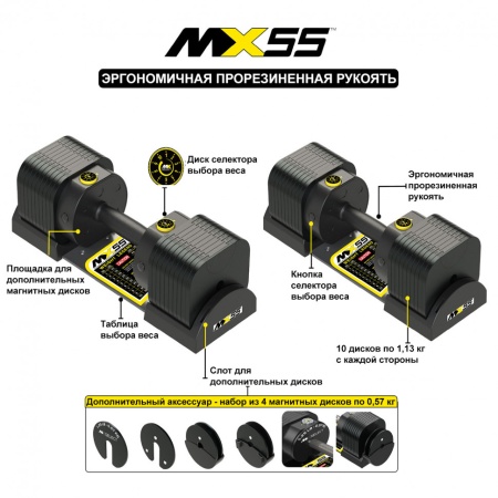 Гантели регулируемые MX Select MX55 EVO, эргономичная прорезиненная рукоять, вес 4.9-25.3 кг, 2 шт
