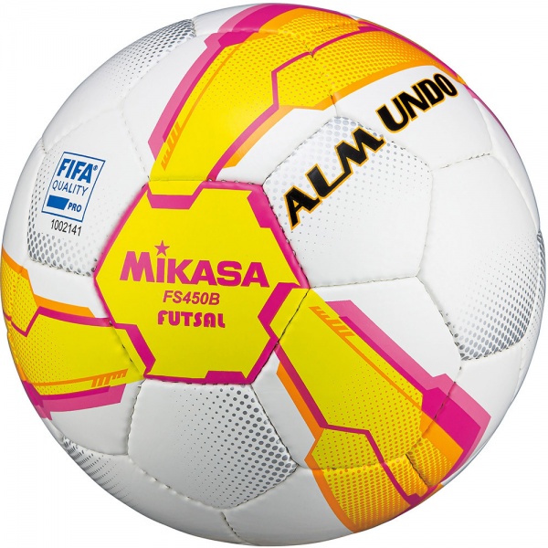 Мяч футзал. "MIKASA FS450B-YP", р.4, FIFA Quality Pro, 32 пан, гл.ПУ, руч.сш, бело-желто-розовый