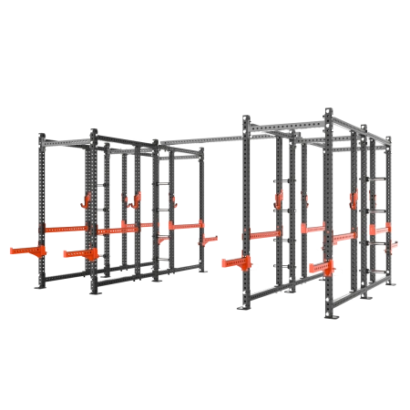 Четыре силовые рамы MS02 с опцией-стойкой для хранения дисков MS00 соединенные между собой перекладиной