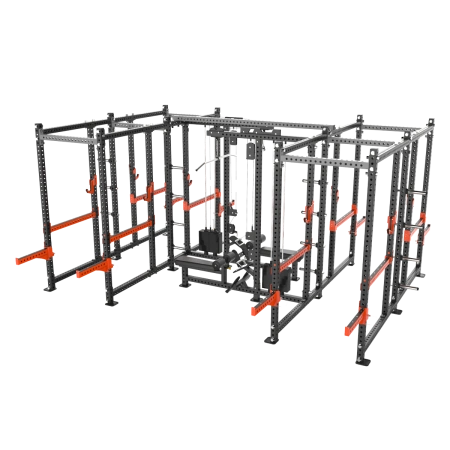 Четыре силовые рамы MS02 с опцией-стойкой для хранения дисков MS00 соединенные между собой перекладиной
