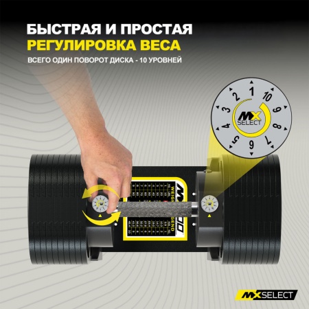 Гантели регулируемые MX Select MX100 EVO, рифленая стальная рукоять, вес 5.9-45.4 кг, 2 шт