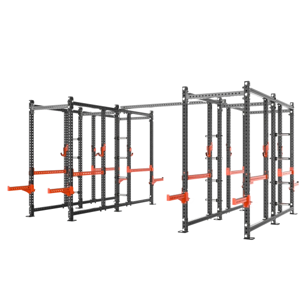 Четыре силовые рамы MS02 с опцией-стойкой для хранения дисков MS00 соединенные между собой перекладиной
