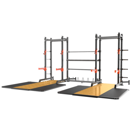 Две силовые полурамы MS01 с опцией-стойкой для хранения дисков MS00 и помостами SE5031/MS31 соединенные между собой модулями для хранения