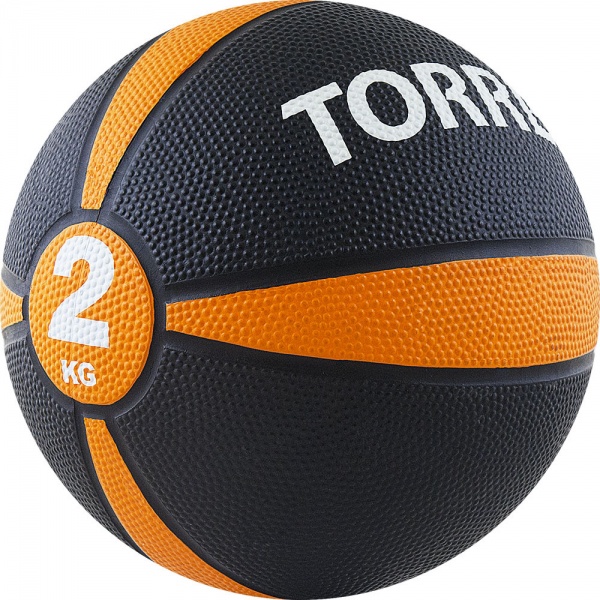 Медбол TORRES 2 кг AL00222, резина, диаметр 19,5 см, черно-оранжево-белый